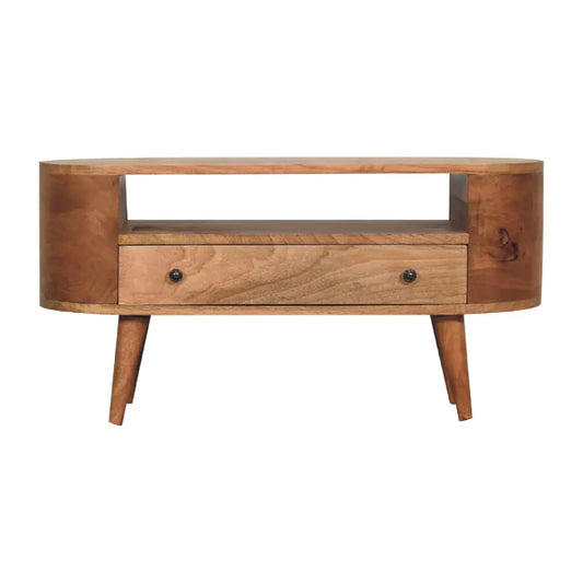 Mini rounded entertainment unit with light brown wood finish tapered legs and single drawer for opulent furniture style