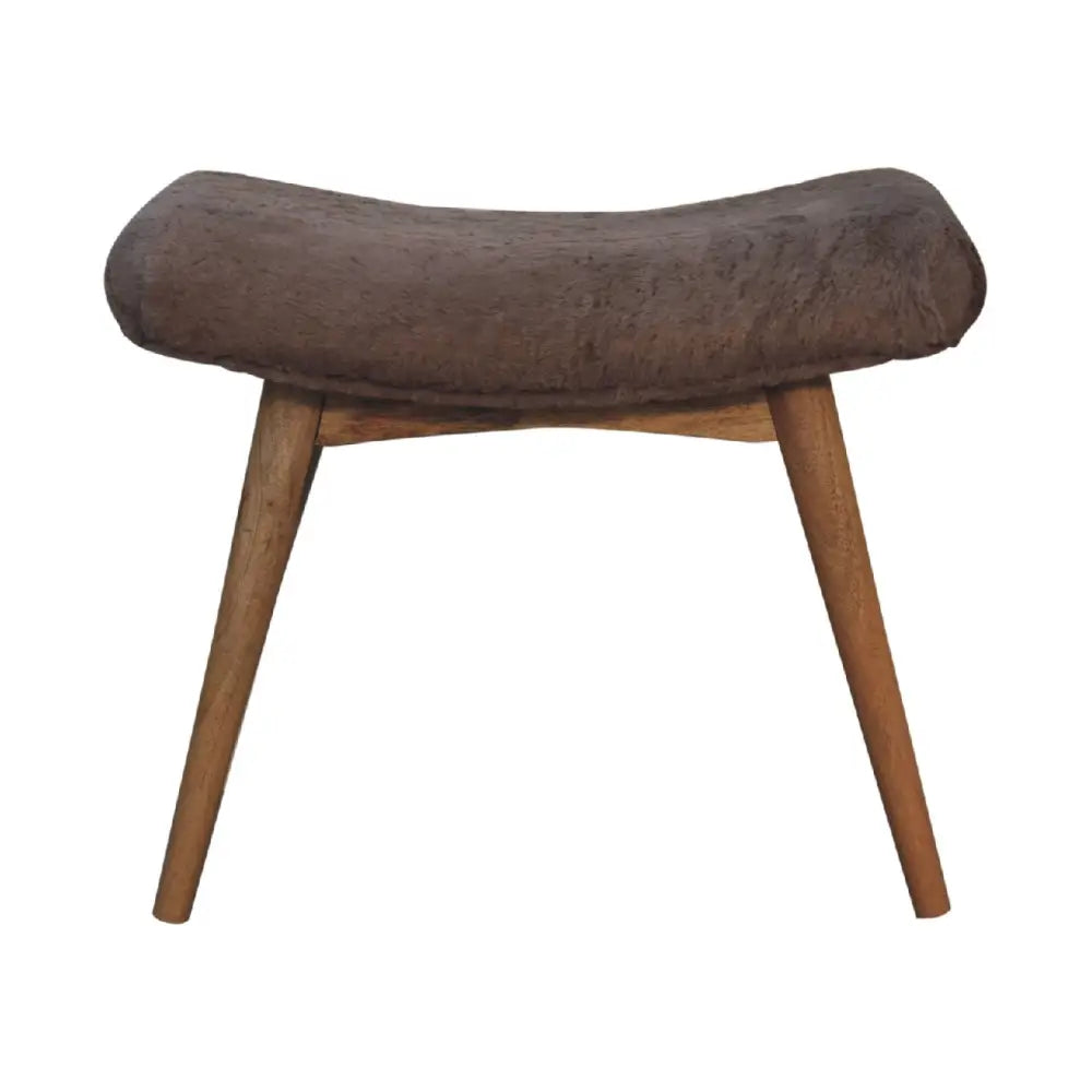 Brown upholstered stool with wooden legs resembling a mocha faux fur curved bench perfect for cozy seating