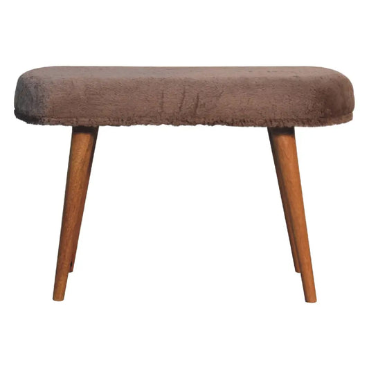 Mocha faux fur fabric bench with brown fuzzy upholstery and tapered wooden legs perfect for living room seating