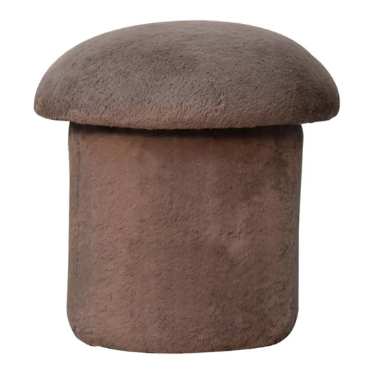 Brown mushroom-shaped ottoman with plush mocha faux fur texture and rounded top for cozy footrest use