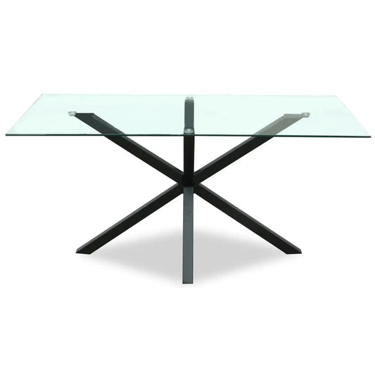 Monza rectangular glass dining table with a sleek black metal x-shaped base and clear glass top for modern dining