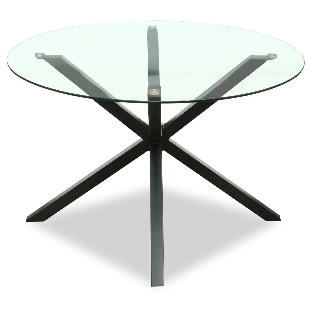 Modern monza round glass dining table with a sleek black metal x shaped base and clear glass top