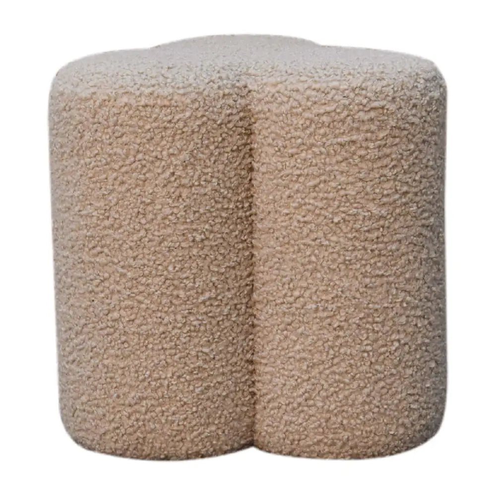 Beige mud boucle clover footstool with soft faux fur texture and rounded edges perfect for cozy seating