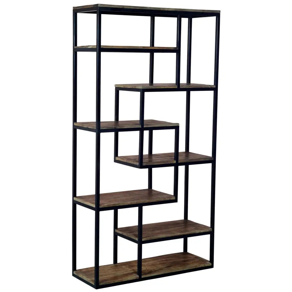 Multi shelf industrial shelf unit with black metal frame and rustic brown wooden shelves in staggered asymmetrical design