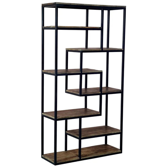Multi shelf industrial shelf unit with black metal frame and rustic brown wooden shelves in staggered asymmetrical design