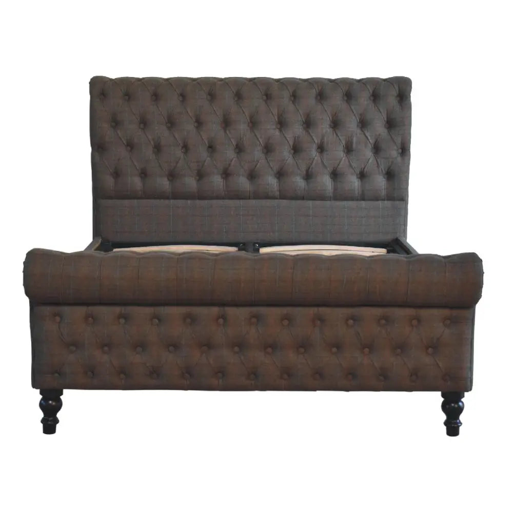 Dark brown multi tweed bed with high diamond tufted upholstered headboard and matching footboard with metallic frame