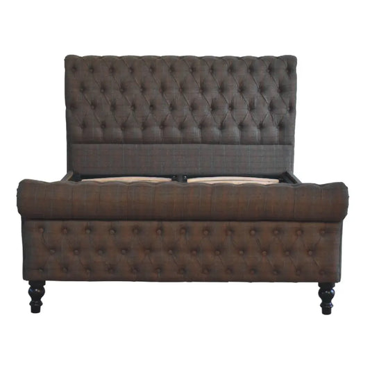 Dark brown multi tweed bed with high diamond tufted upholstered headboard and matching footboard with metallic frame