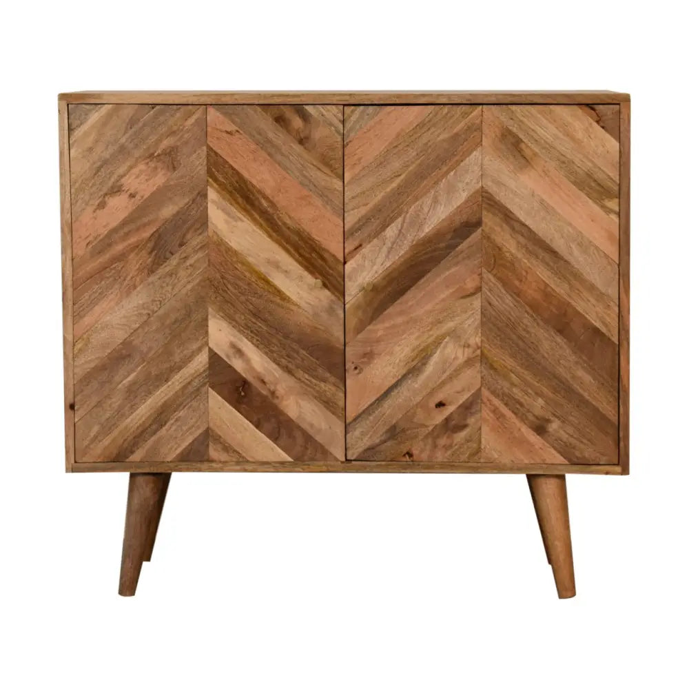 Muna cabinet rustic wooden sideboard with reclaimed wood chevron front in warm brown tones and tapered legs opulent furniture