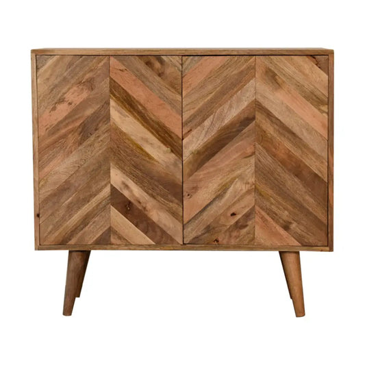Muna cabinet rustic wooden sideboard with reclaimed wood chevron front in warm brown tones and tapered legs opulent furniture