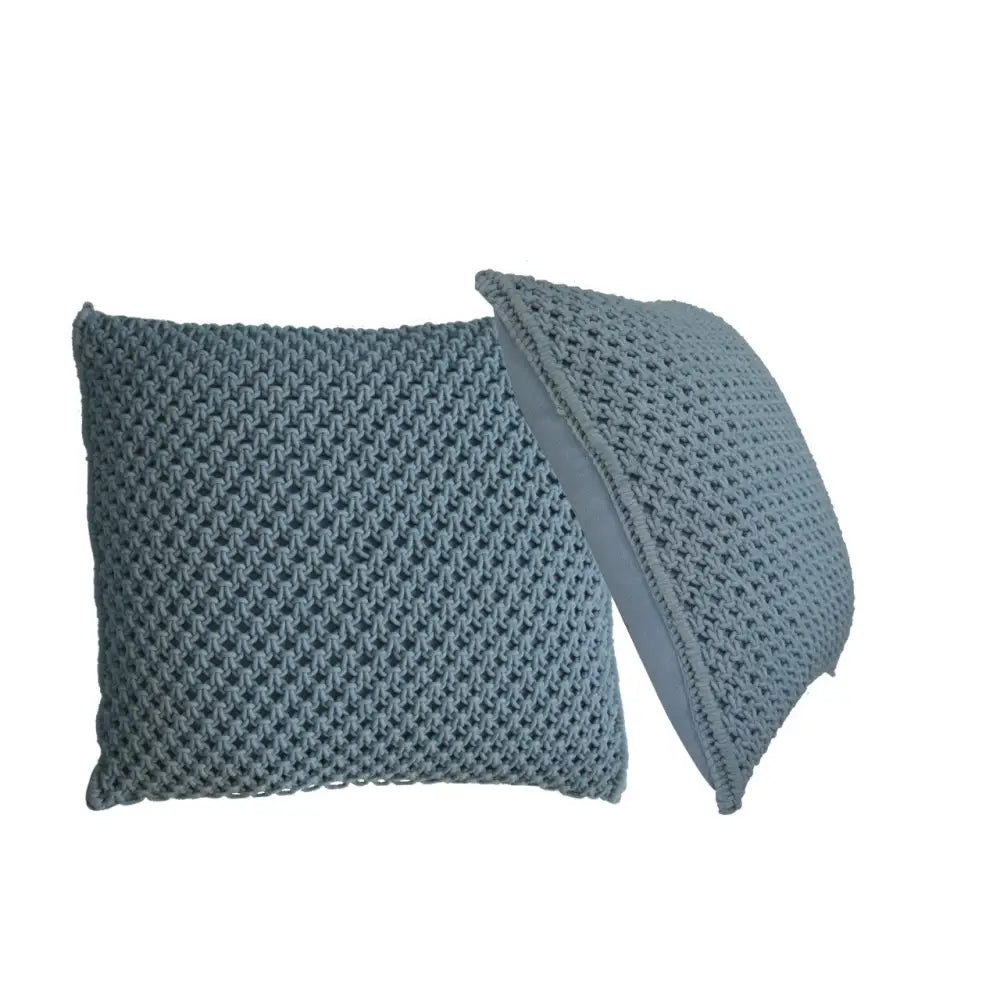 Blue myra cushion set of 2 with textured macrame woven pattern and fringed edges perfect for cozy decor