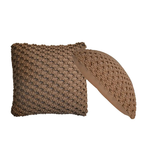 Brown macramé throw pillow with textured woven pattern and matching cover from the myra cushion set coffee