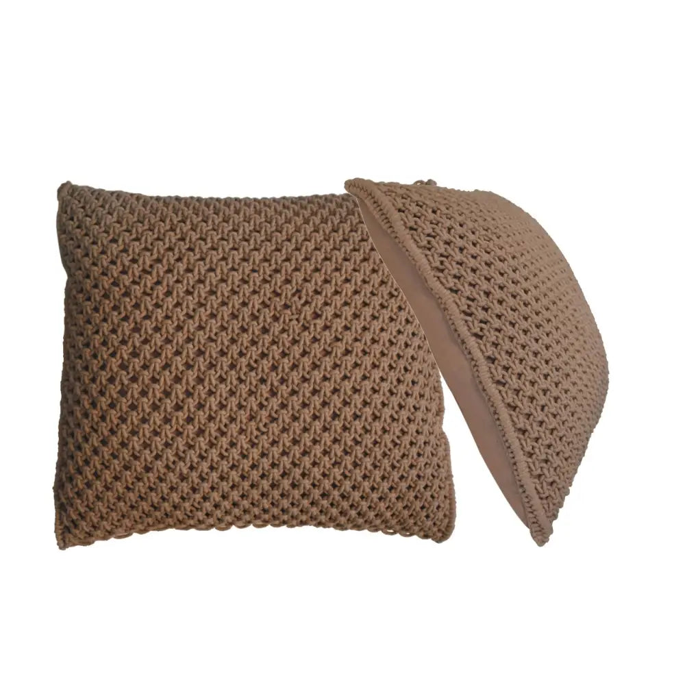 Tan knitted myra cushion set with textured interlocking pattern and soft inner lining perfect for cozy decor