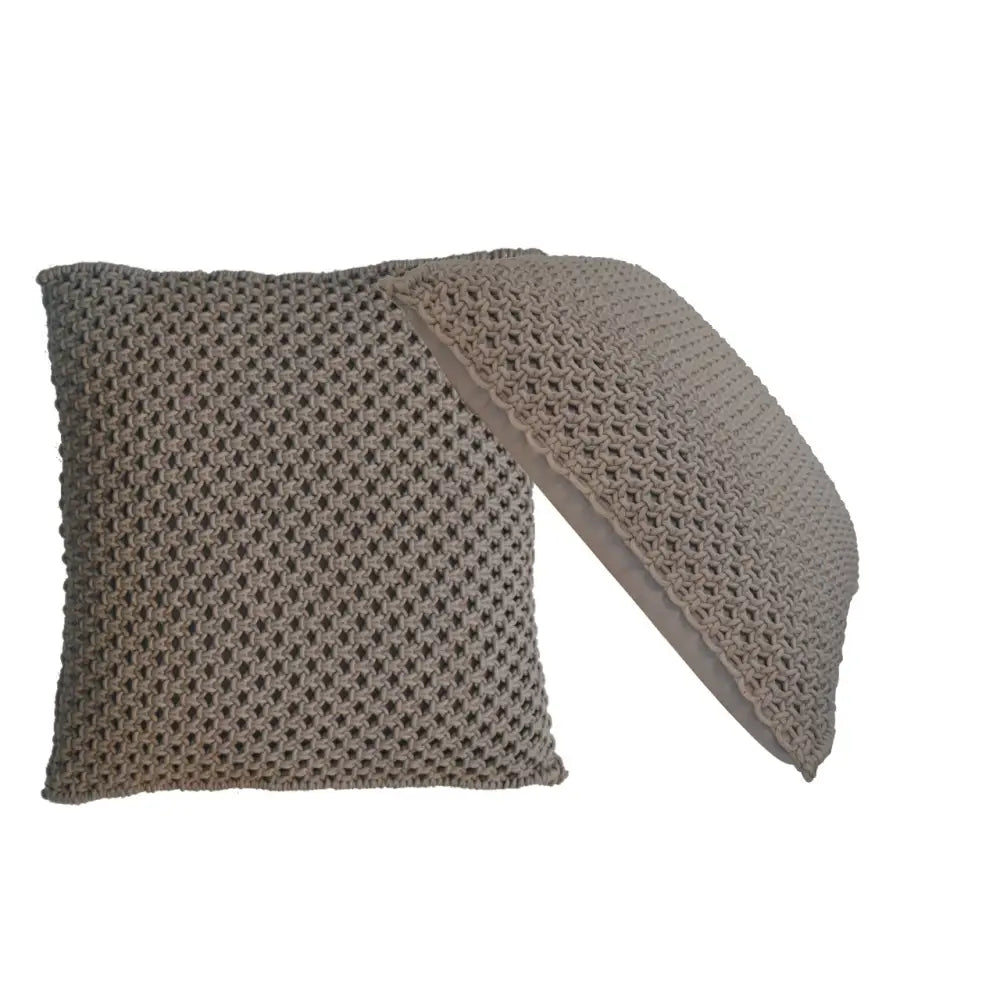 Beige knitted throw pillow with textured interlocking chain pattern from the myra cushion set of 2 grey