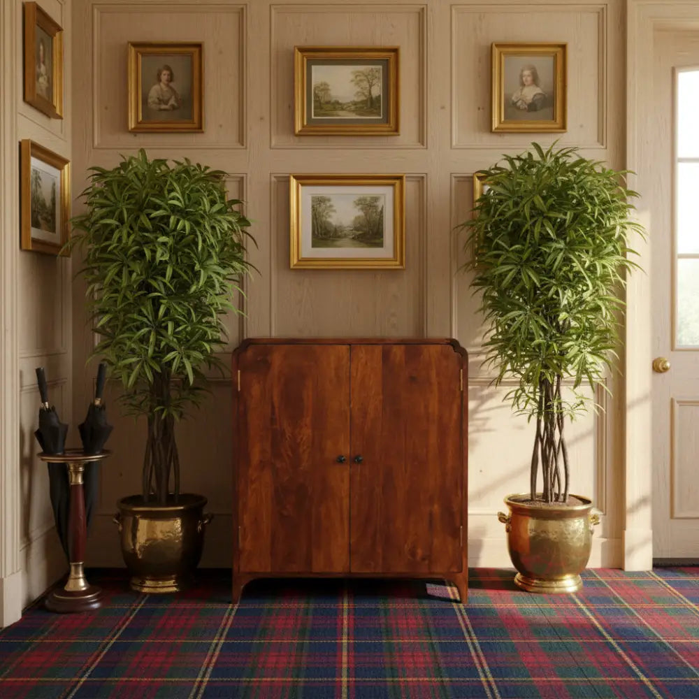 Newton chestnut cabinet made of solid mango wood with rich dark finish and two round black knobs