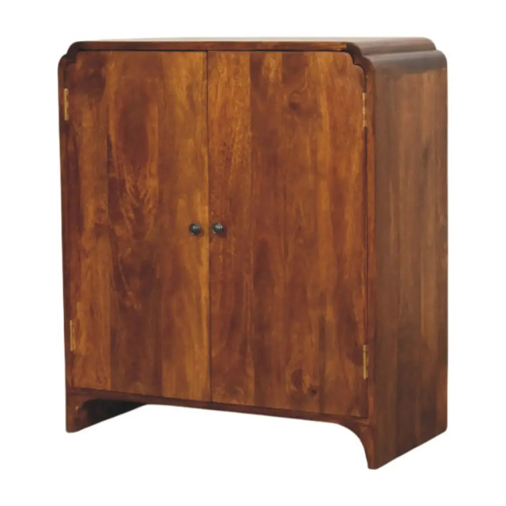 Rich brown newton chestnut cabinet with two doors dark metal knobs and gold hinges made of solid mango wood