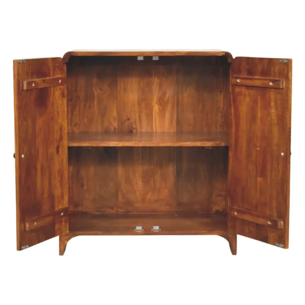 Newton chestnut cabinet in warm medium-brown solid mango wood with two open doors and a single shelf inside