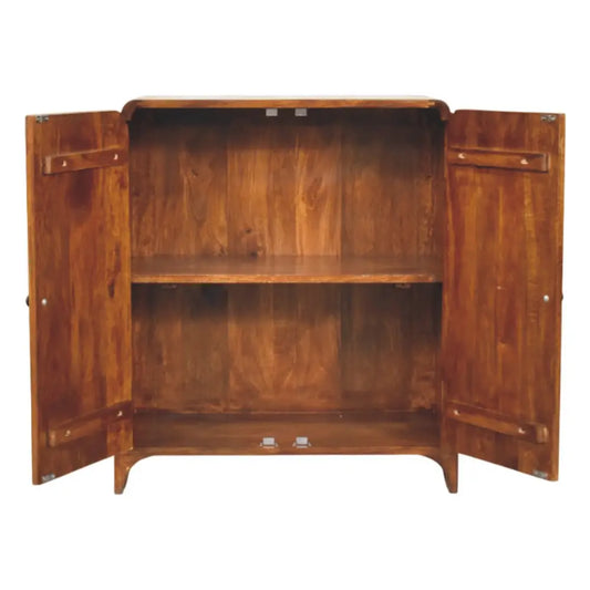 Newton chestnut cabinet in warm medium-brown solid mango wood with two open doors and a single shelf inside