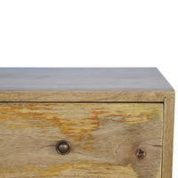 Reclaimed wood nightstand with distressed natural finish and round brass pull in nordic entertainment unit style