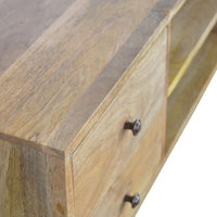 Light-colored wooden nordic entertainment unit with two drawers and dark metal knobs for stylish storage