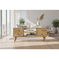 Light oak wood nordic entertainment unit coffee table with two drawers and tapered legs for living room use