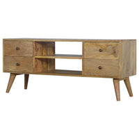 Light brown wooden nordic entertainment unit with four drawers two open shelves and tapered legs for media storage