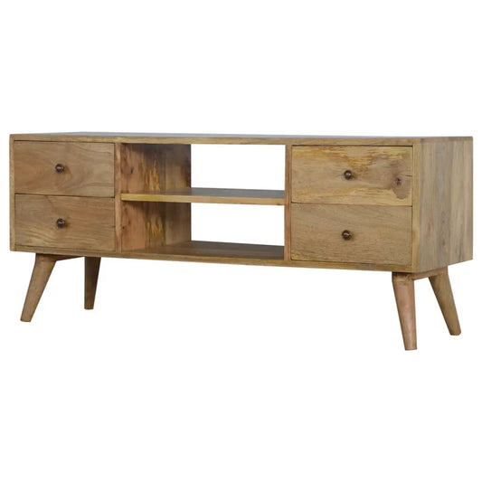 Light brown wooden nordic entertainment unit with four drawers two open shelves and tapered legs for media storage