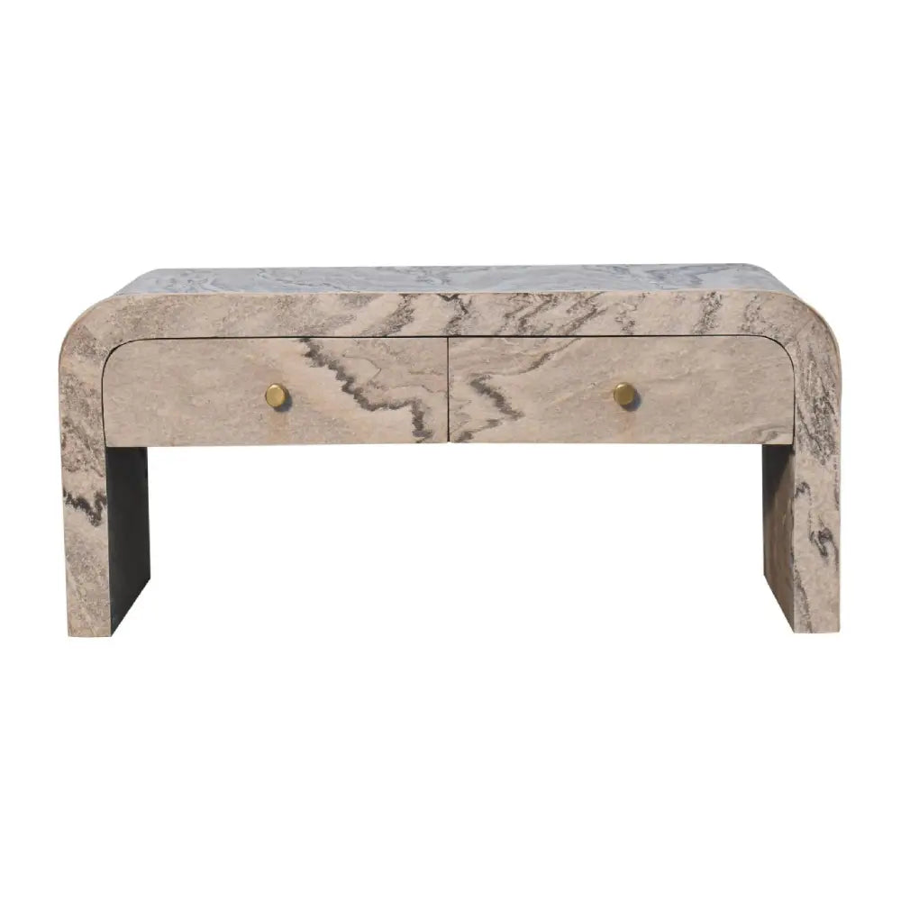 A sleek nouveau media unit with curved light beige and gray marble top and sides featuring two drawers and gold knobs
