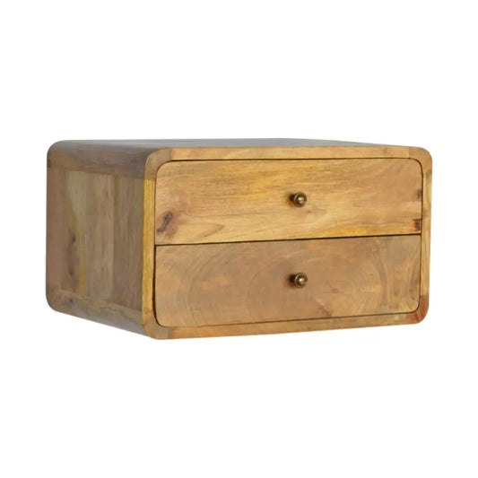 Oak-ish rustic wooden drawer floating bedside with two drawers and brass knobs in natural finish