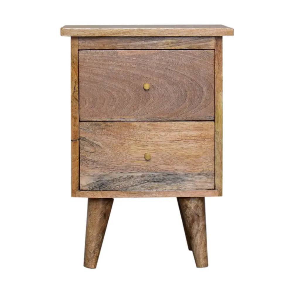 Oak-ish bedside rustic wooden nightstand with two drawers, brass knobs, and tapered legs in natural wood finish