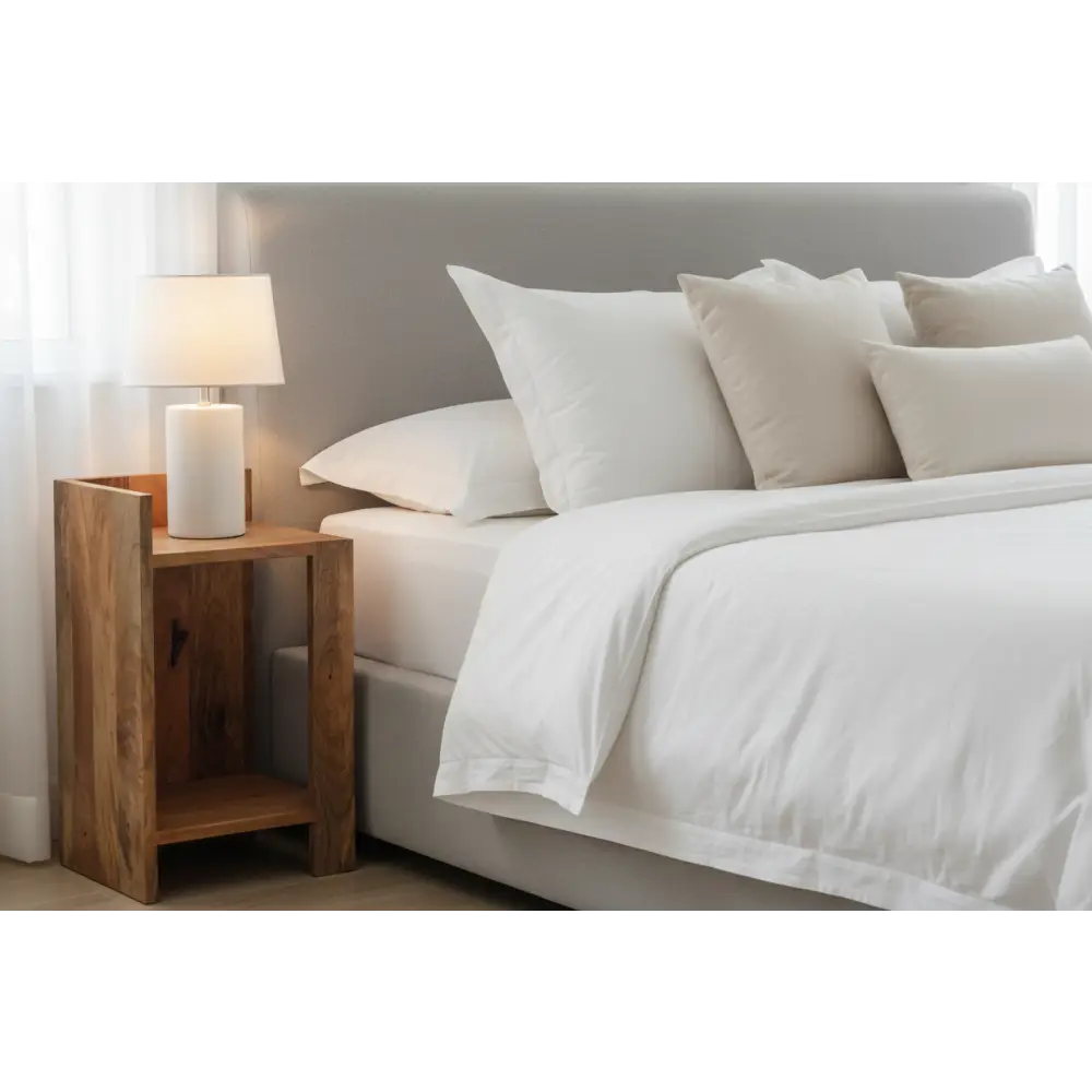 Rustic oak-ish box bedside wooden side table with two shelves and natural wood grain for bedroom use