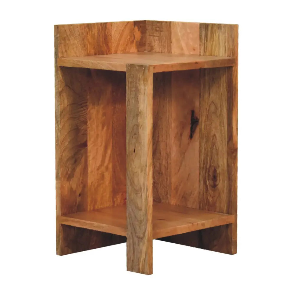 Rustic oak-ish box bedside with two wooden shelves and a metal latch showing box bedside features