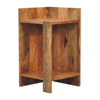 Rustic oak-ish box bedside with two wooden shelves and a metal latch showing box bedside features