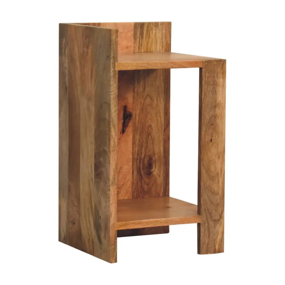 Rustic oak-ish box bedside wooden side table with two shelves and natural wood grain box bedside features