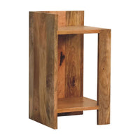 Rustic oak-ish box bedside wooden side table with two shelves and natural wood grain box bedside features