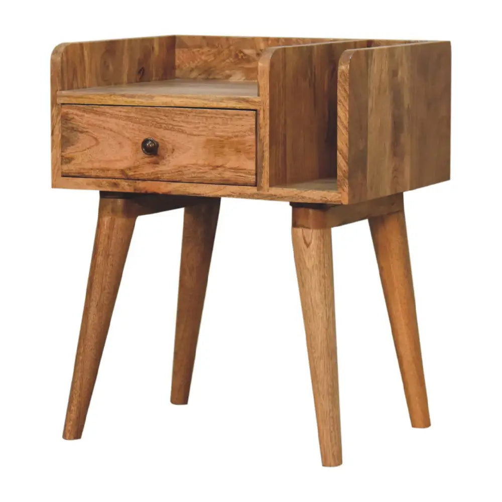 Oak-ish collective bedside rustic wooden side table with single drawer and tapered legs for cozy bedroom storage