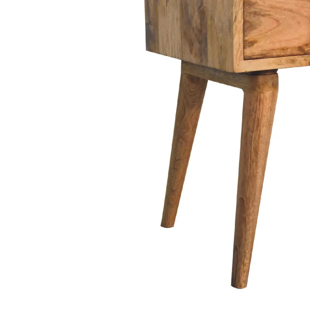 A rustic wooden nightstand with tapered legs and natural finish from the oak-ish collective bedside collection