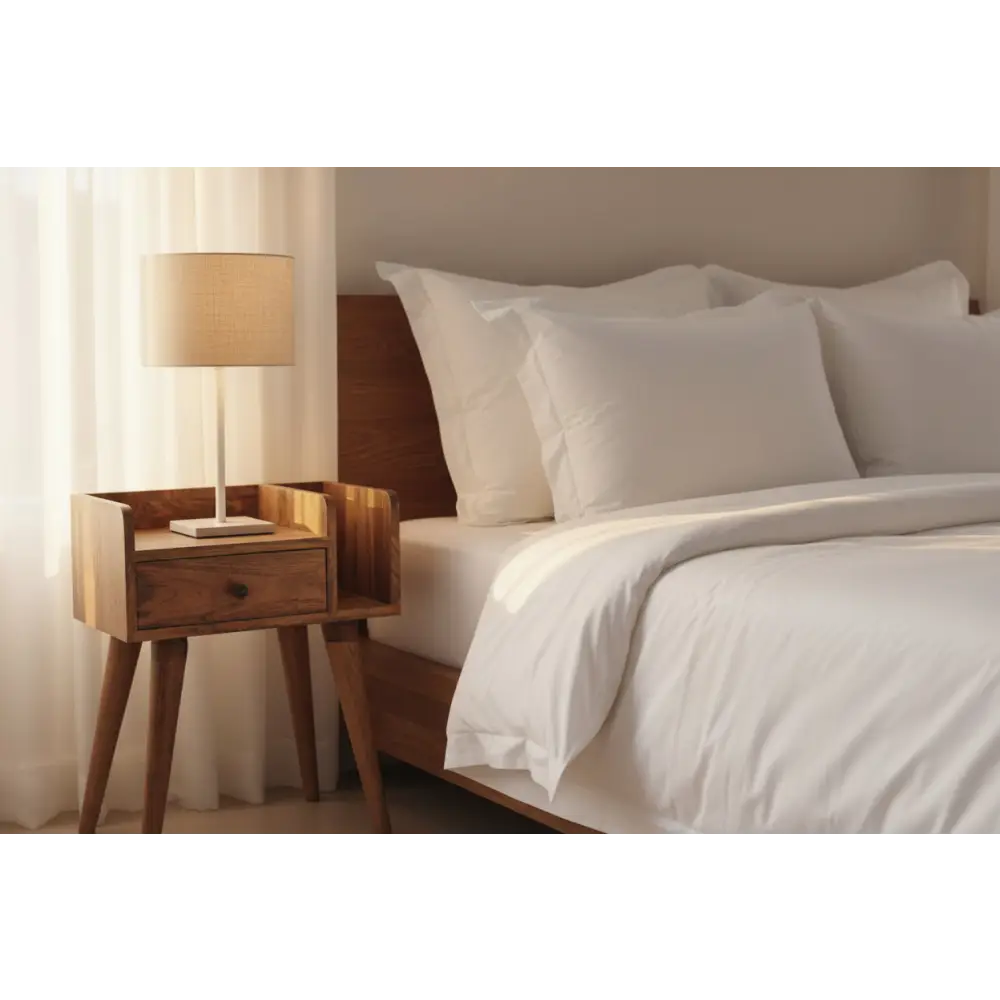 A minimalist wooden nightstand with a drawer and tapered legs in natural finish oak-ish collective bedside design