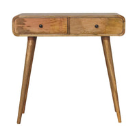 A light brown wood curved hallway table with two drawers and tapered legs perfect for narrow spaces