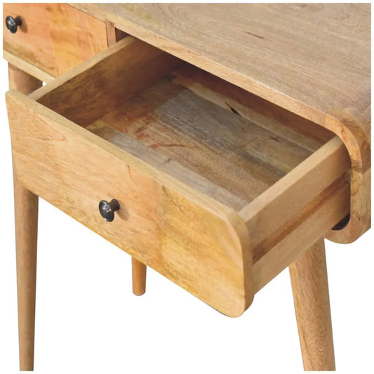 Oak-ish curved hallway table console table in light brown wood with slender legs and a single drawer with dark knobs