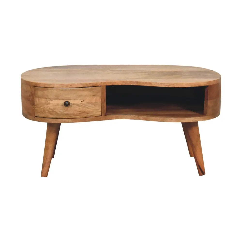 Rustic oval oak-ish wave coffee table with natural wood finish drawer and open shelf below perfect for living room