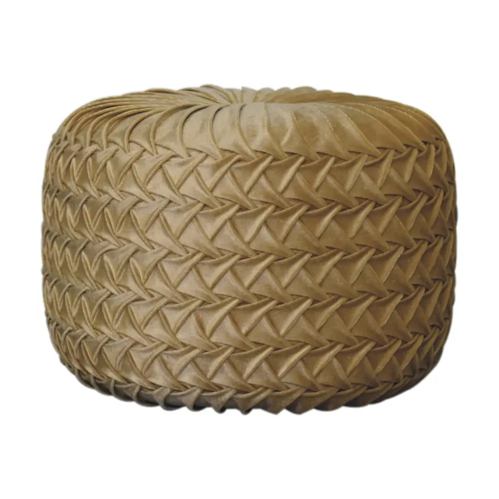 Tan woven ottoman with textured interlaced pattern in the ochre hart pouffe perfect for cozy seating