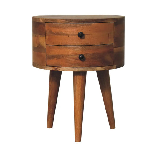 A rustic oak tripod bedside nightstand with two drawers black knobs and tapered legs for luxury furniture in modern homes