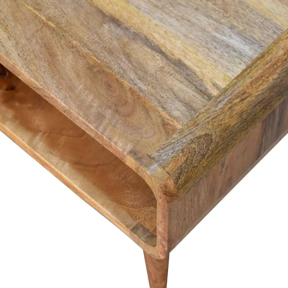 A rustic wooden open oak-ish media unit with a natural multi-toned finish and visible grain patterns unit features