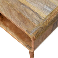A rustic wooden open oak-ish media unit with a natural multi-toned finish and visible grain patterns unit features