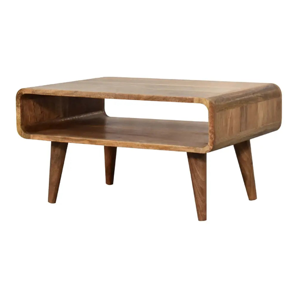 A mid-century modern media unit with a warm natural wood finish and sleek tapered legs featuring stylish unit features