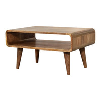 A mid-century modern media unit with a warm natural wood finish and sleek tapered legs featuring stylish unit features