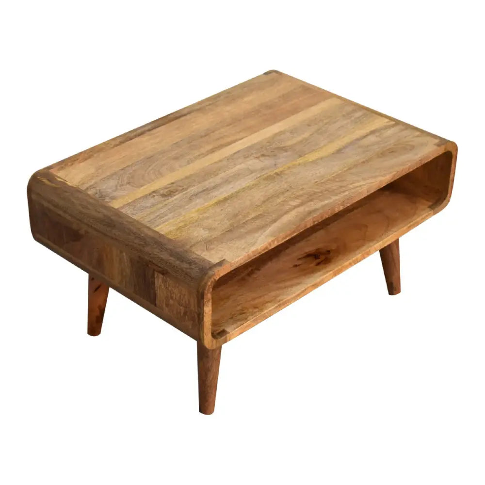 Rectangular wooden coffee table with natural oak finish and tapered legs showing media unit features