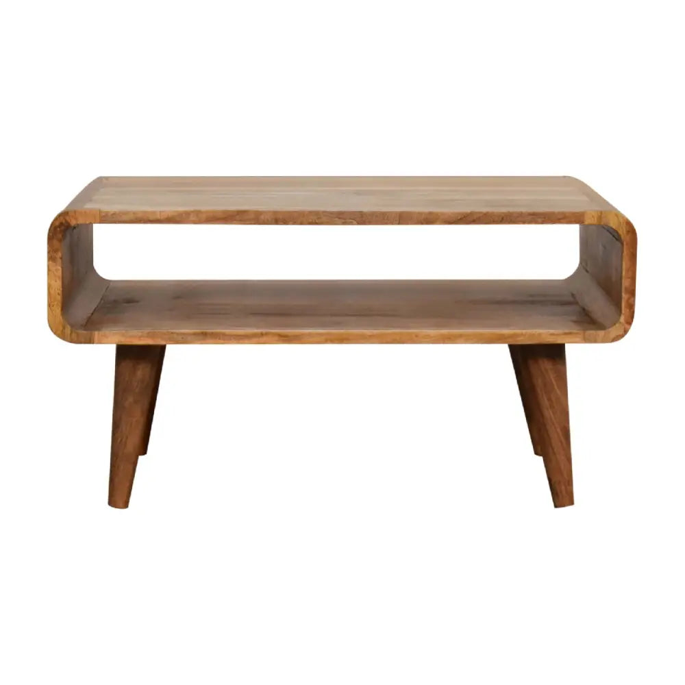A mid-century modern media unit with a light brown wooden top and tapered legs featuring practical media unit features