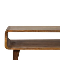 A minimalist wooden open oak-ish media unit with two-tiered design and warm natural wood grain media unit features
