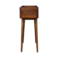 A sleek rectangular chestnut console table in dark brown wood with tapered legs and an open top design
